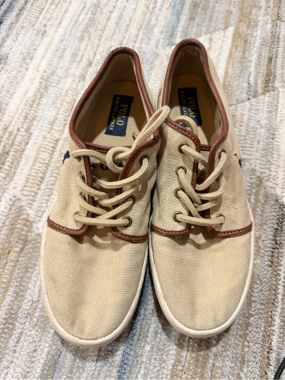 Polo by Ralph Lauren Tan Canvas Boat Shoes with Brown Trim